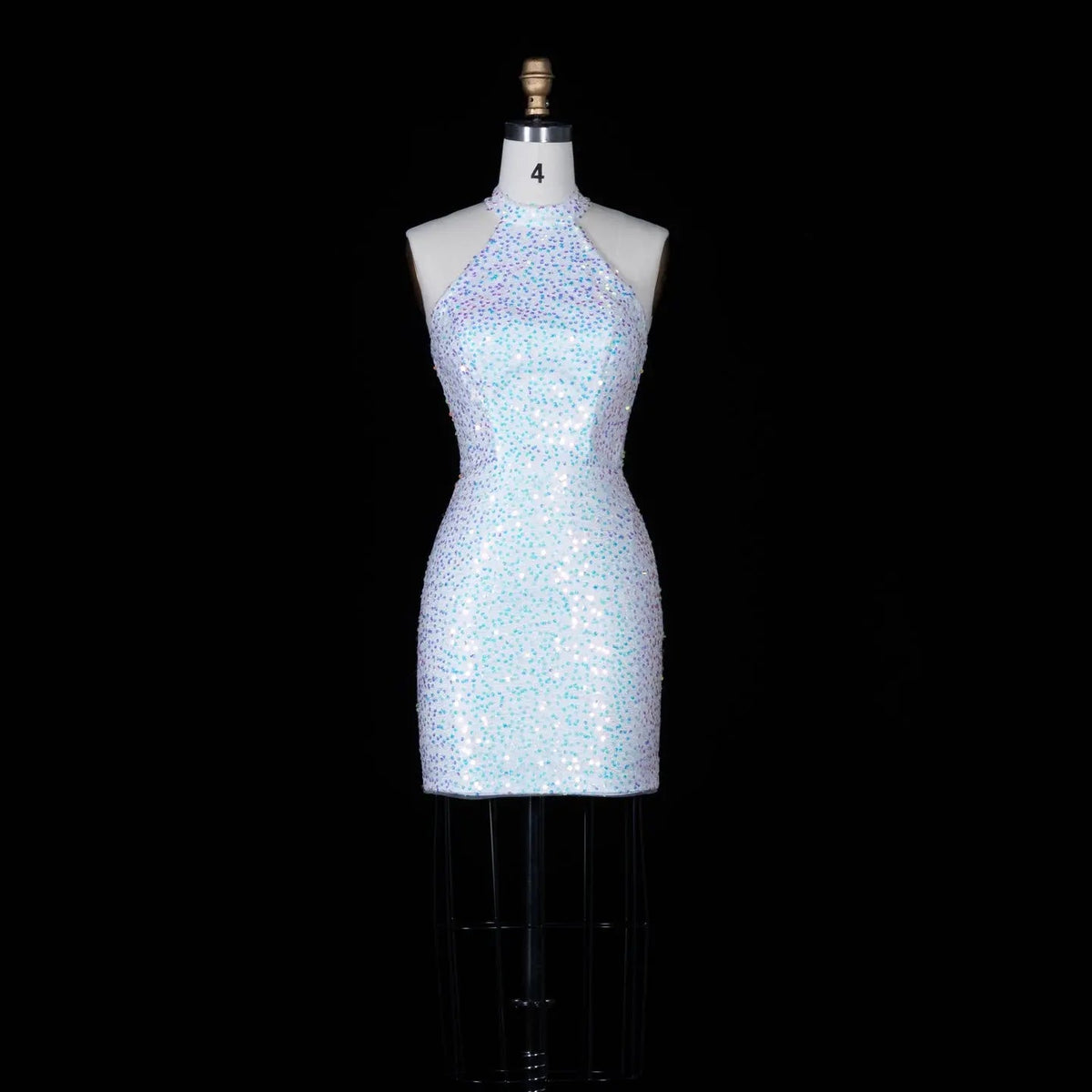 White Iridescent Sequin Halter Bodycon Mini Dress Keyhole Back Homecoming Gown RM147