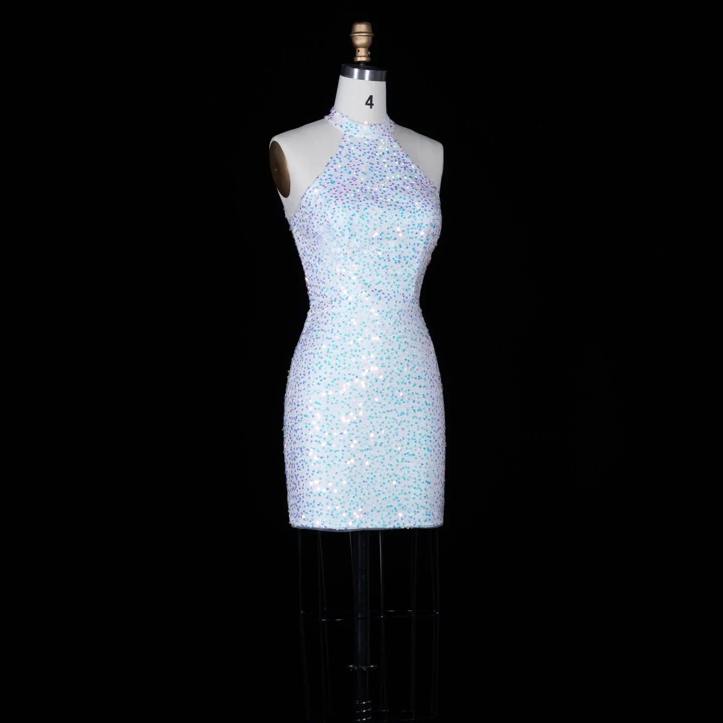 White Iridescent Sequin Halter Bodycon Mini Dress Keyhole Back Homecoming Gown RM147