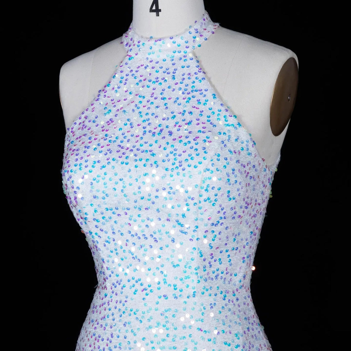 White Iridescent Sequin Halter Bodycon Mini Dress Keyhole Back Homecoming Gown RM147