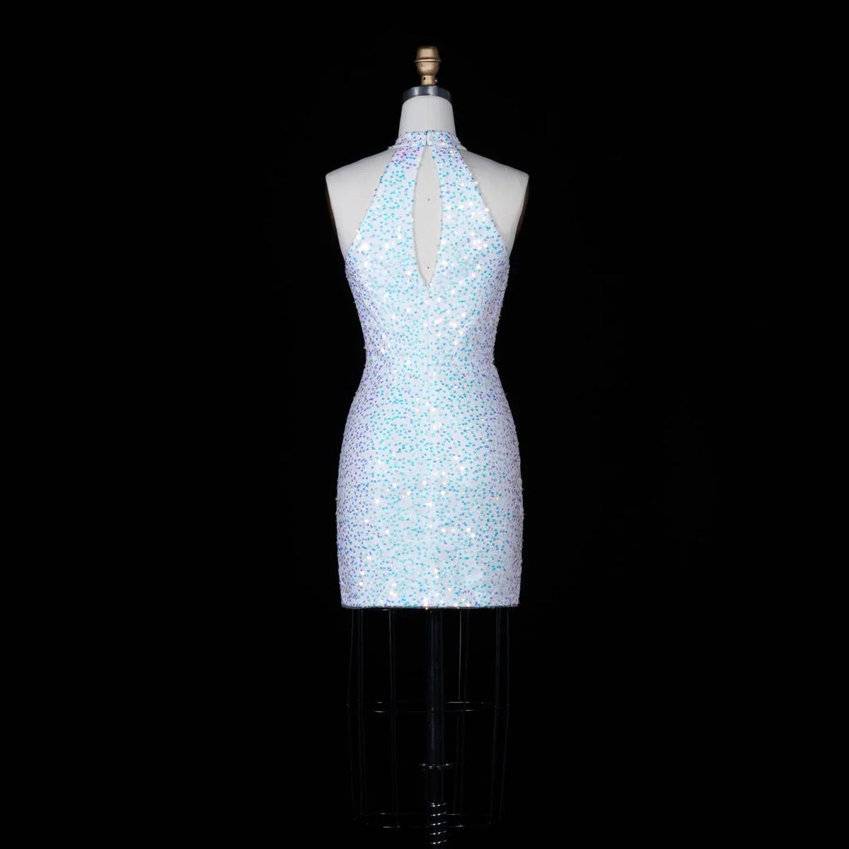 White Iridescent Sequin Halter Bodycon Mini Dress Keyhole Back Homecoming Gown RM147