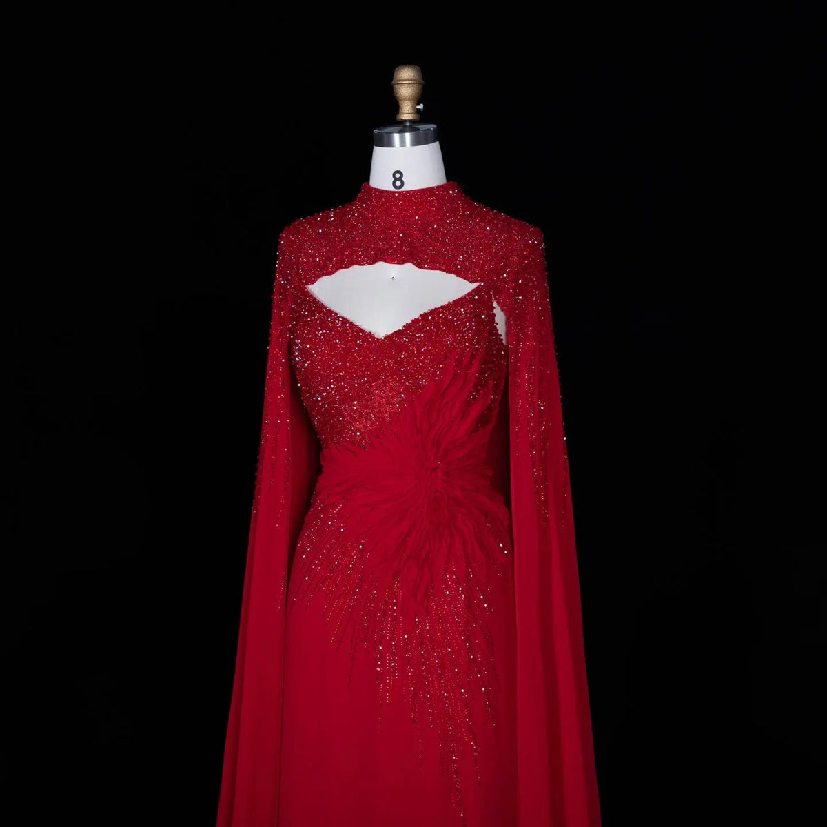 Navy Blue Beaded Cape Sleeve Cutout Formal Evening Gown SS074