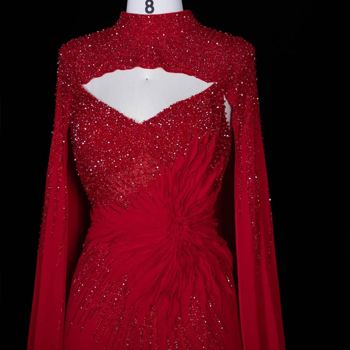 Navy Blue Beaded Cape Sleeve Cutout Formal Evening Gown SS074