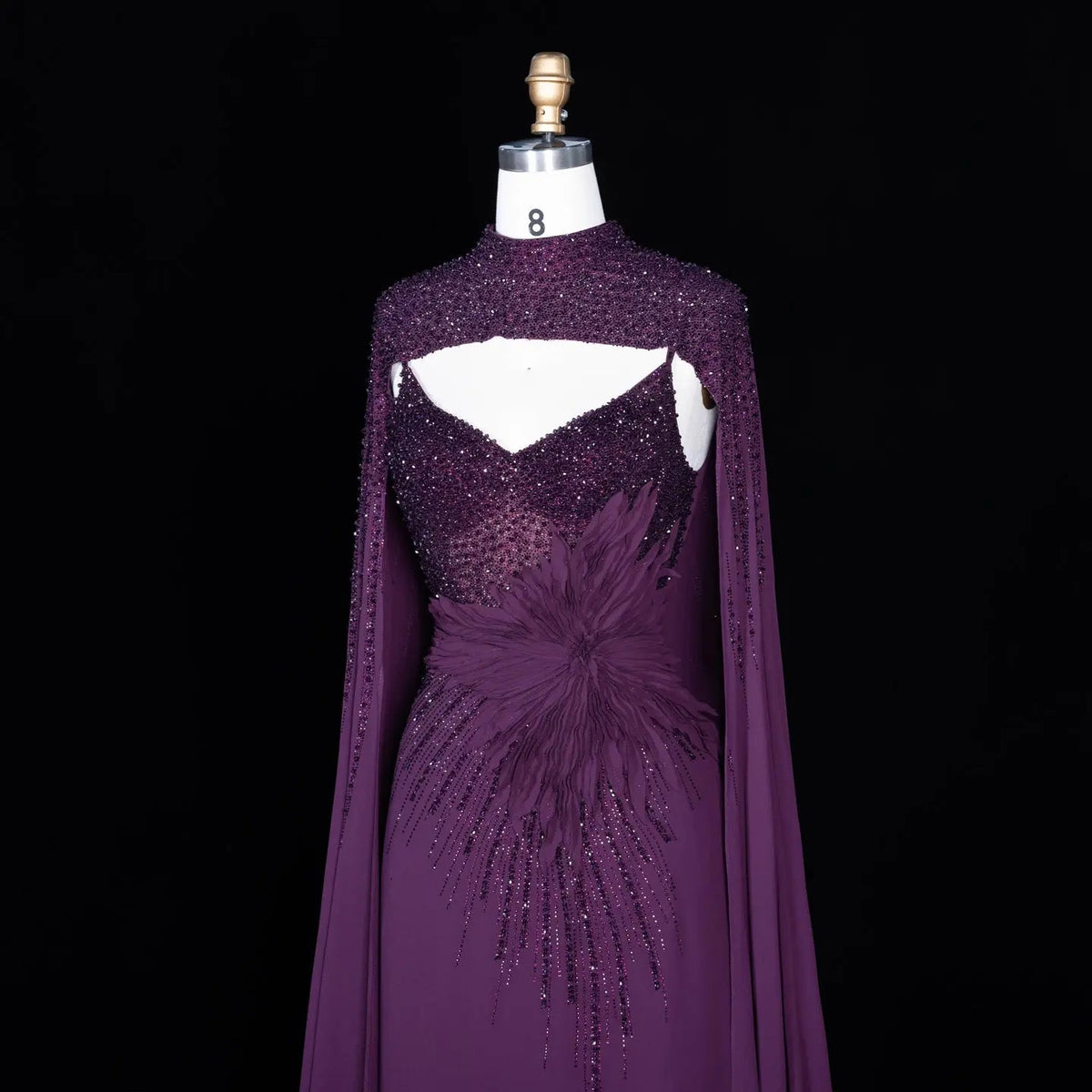 Navy Blue Beaded Cape Sleeve Cutout Formal Evening Gown SS074