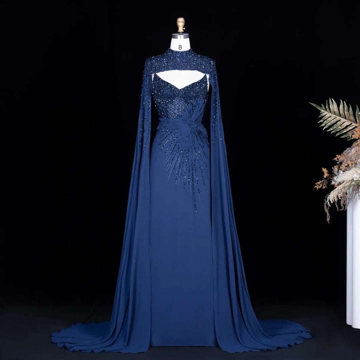 Navy Blue Beaded Cape Sleeve Cutout Formal Evening Gown SS074