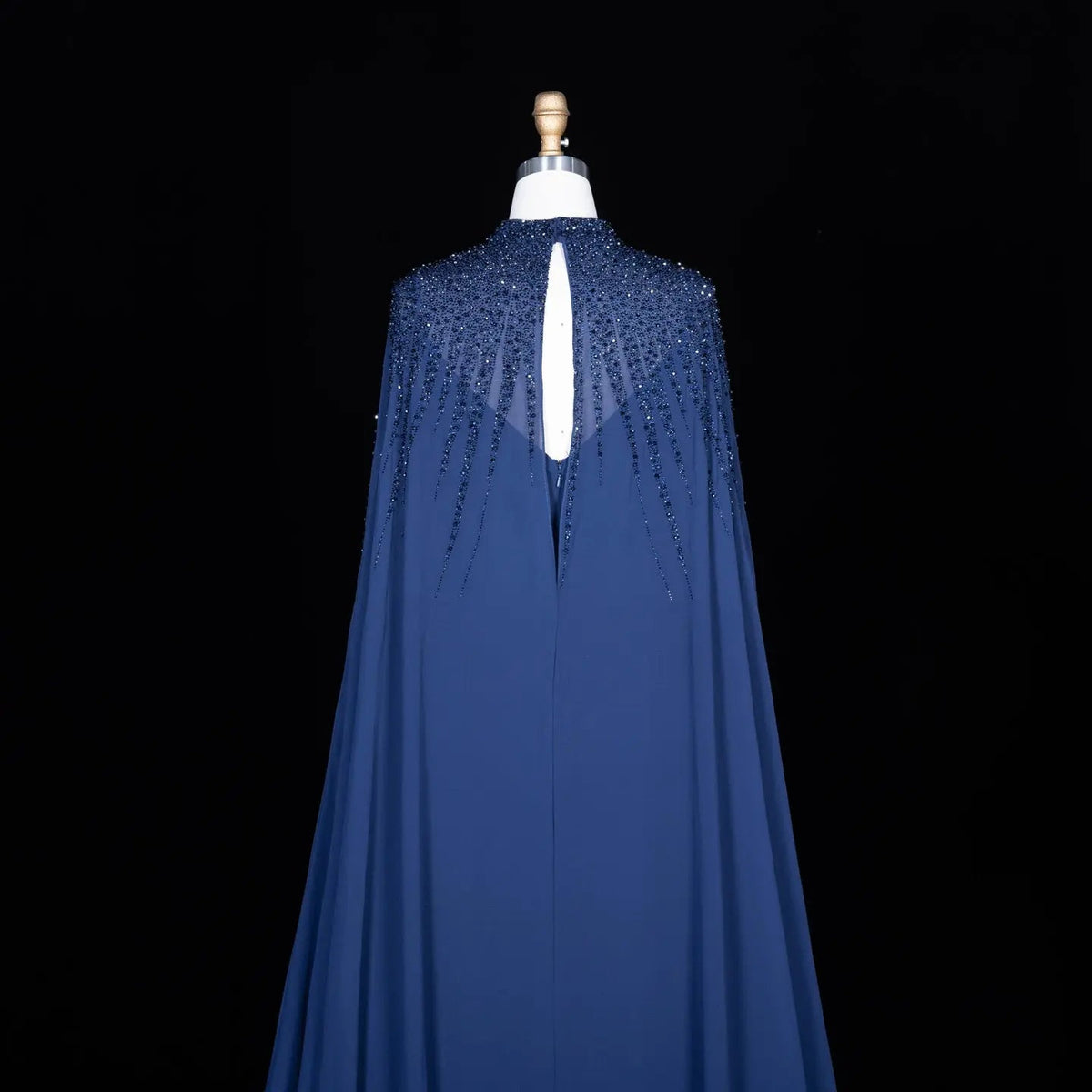 Navy Blue Beaded Cape Sleeve Cutout Formal Evening Gown SS074