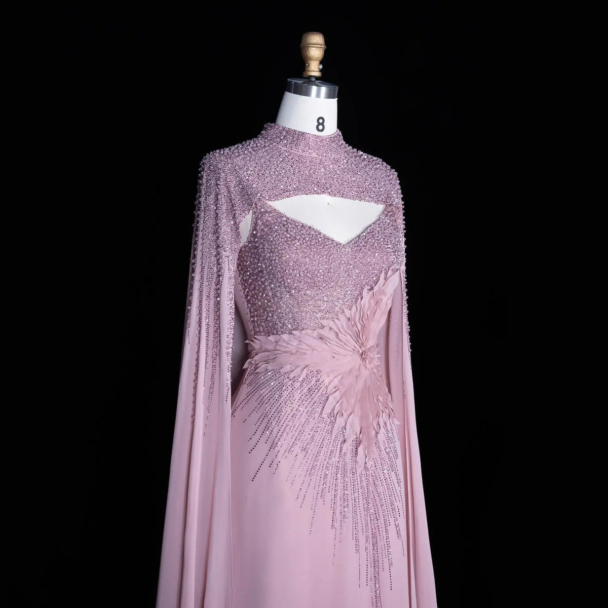 Navy Blue Beaded Cape Sleeve Cutout Formal Evening Gown SS074