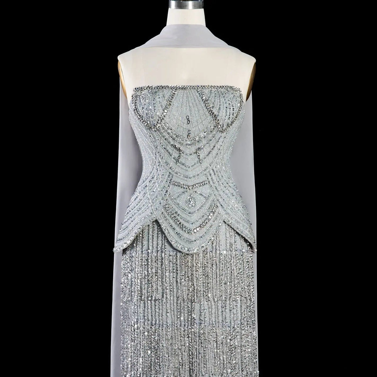 Gray Strapless Beaded Evening Dress with Floor Length Fringe Skirt SS255