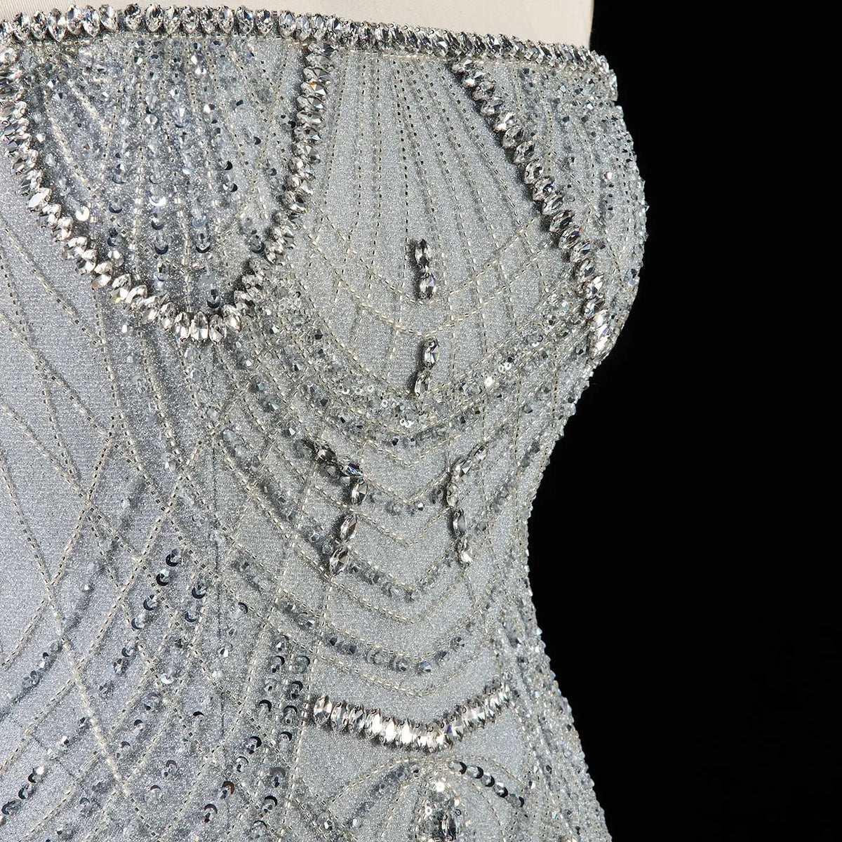 Gray Strapless Beaded Evening Dress with Floor Length Fringe Skirt SS255