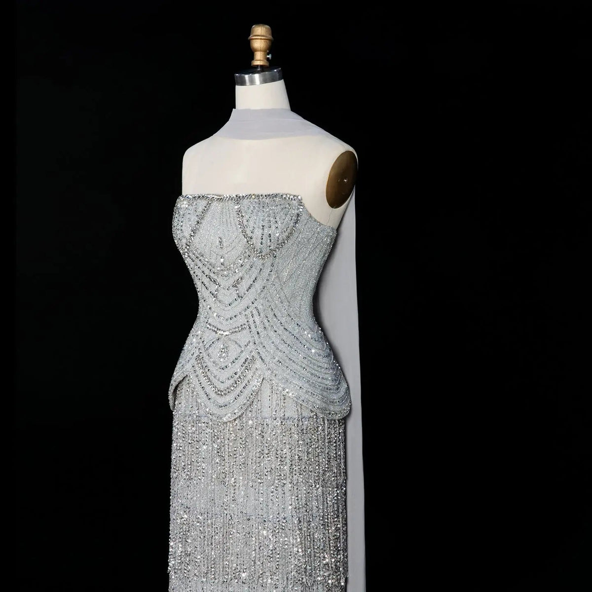 Gray Strapless Beaded Evening Dress with Floor Length Fringe Skirt SS255