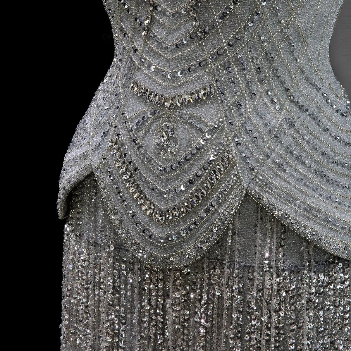 Gray Strapless Beaded Evening Dress with Floor Length Fringe Skirt SS255