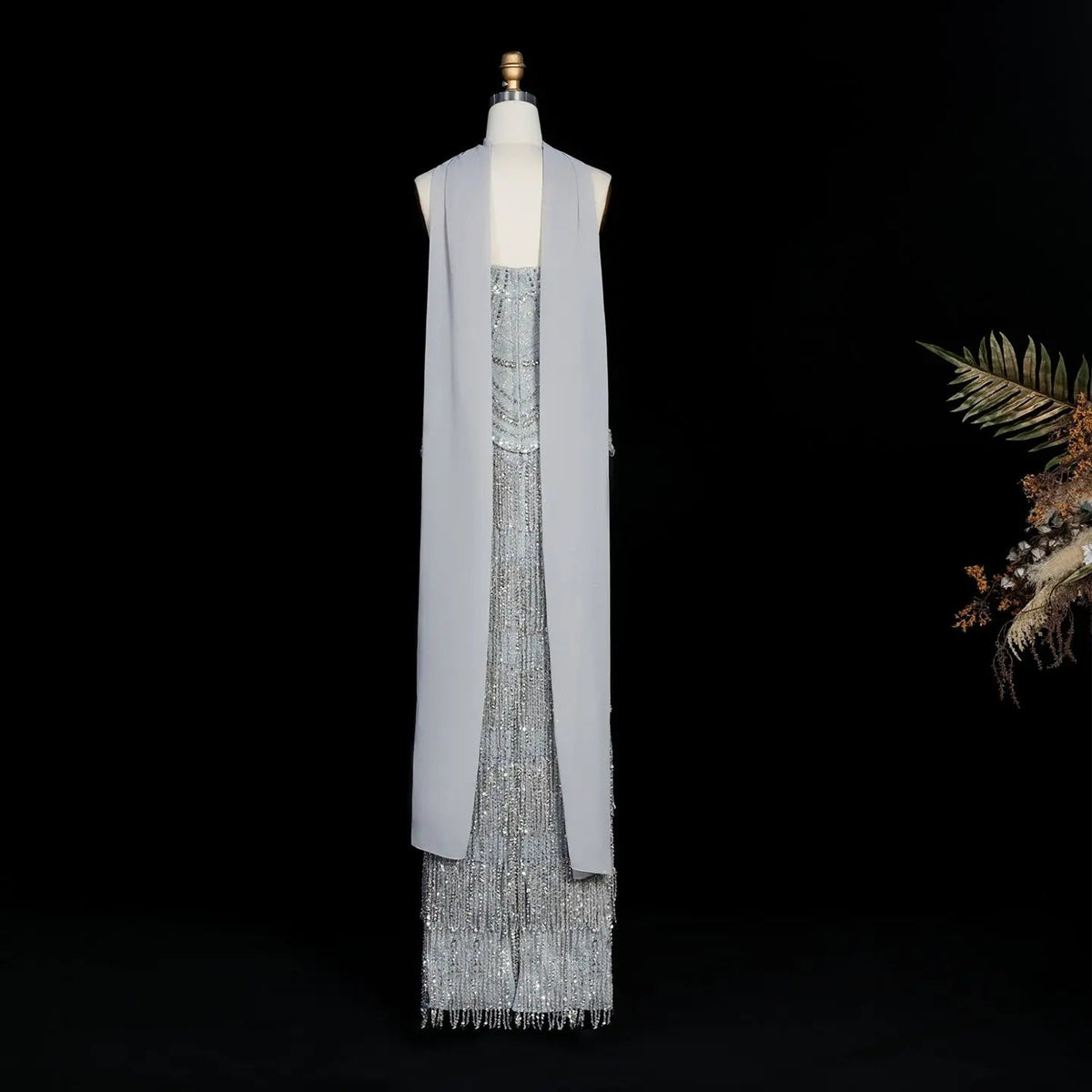 Gray Strapless Beaded Evening Dress with Floor Length Fringe Skirt SS255