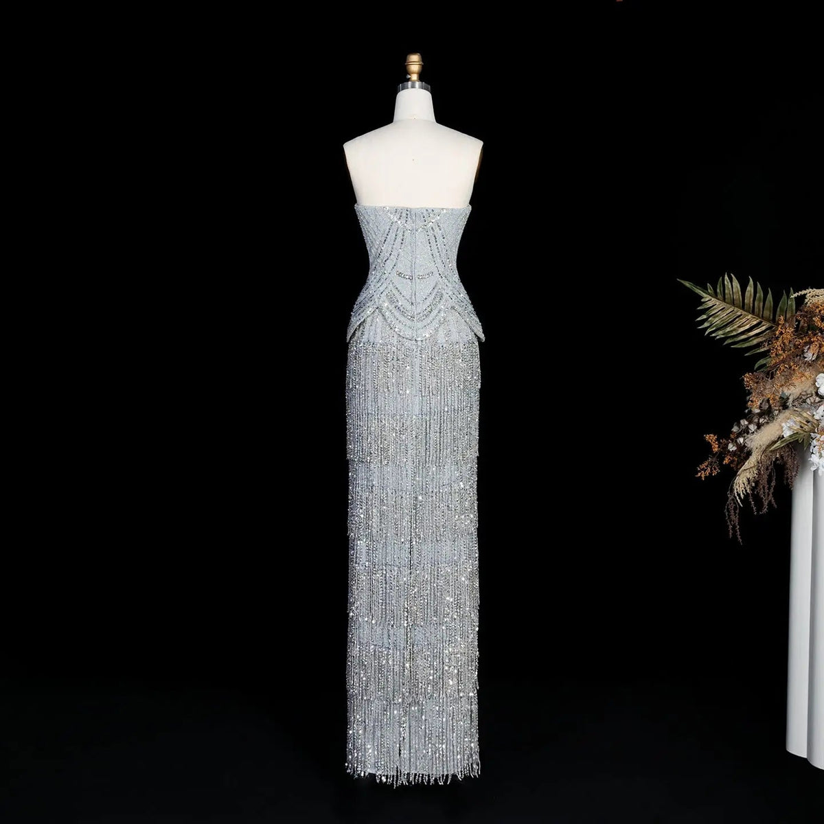 Gray Strapless Beaded Evening Dress with Floor Length Fringe Skirt SS255