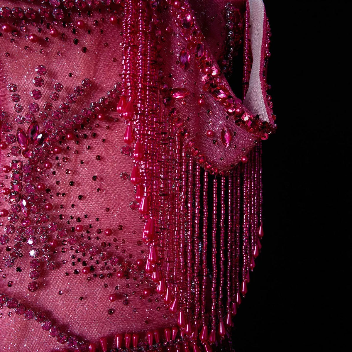 Fuchsia Beading Tassel Off-Shoulder Sleeves Evening Dresses SS516