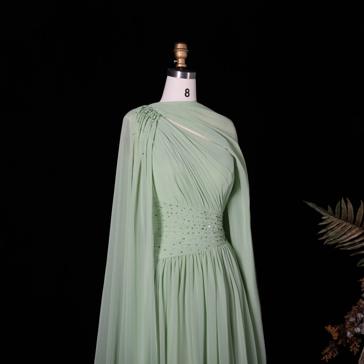 Sophisticated Mint Green Crystal Cape Sleeve Chiffon Evening Dress SF119