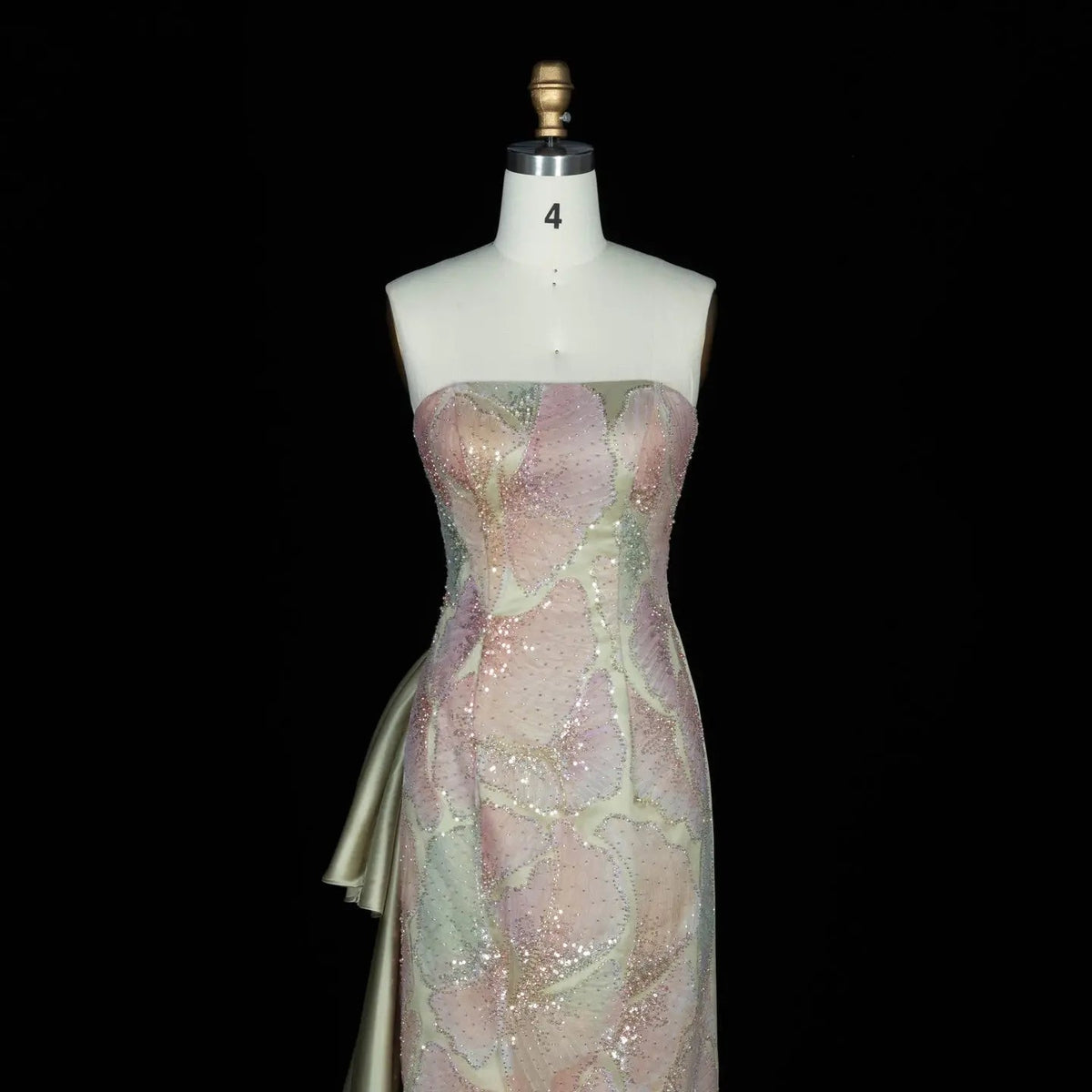 Sage Green Strapless Sparkly Sequin Maxi Dress with Cascading Satin Bow SS664