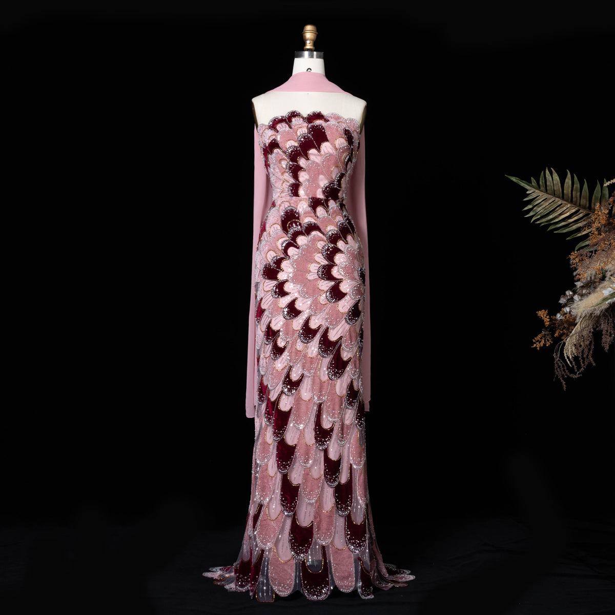 Elegant Pink Dimensional Velvet Crystal Mermaid Gala Evening Dress SS617