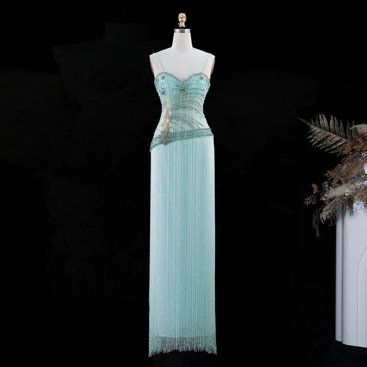Aqua Beaded Corset Fringe Prom Formal Evening Dress SS202