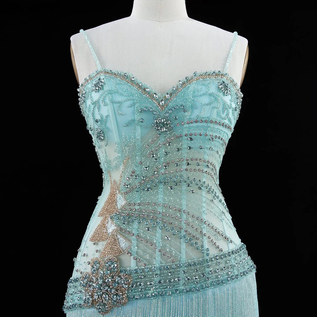 Aqua Beaded Corset Fringe Prom Formal Evening Dress SS202