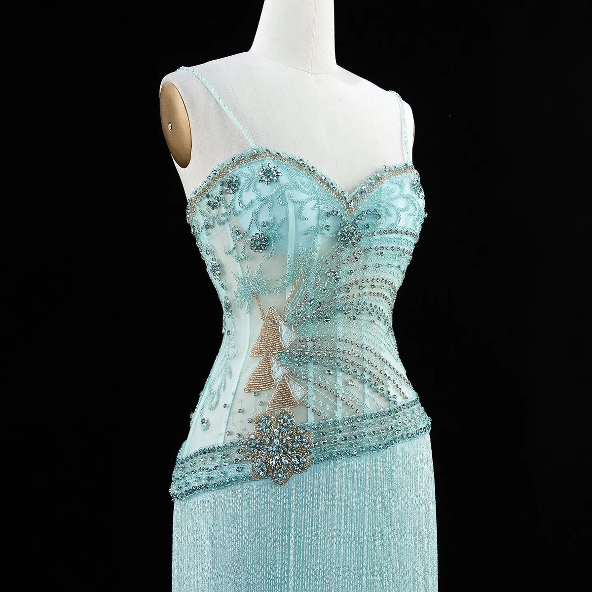 Aqua Beaded Corset Fringe Prom Formal Evening Dress SS202