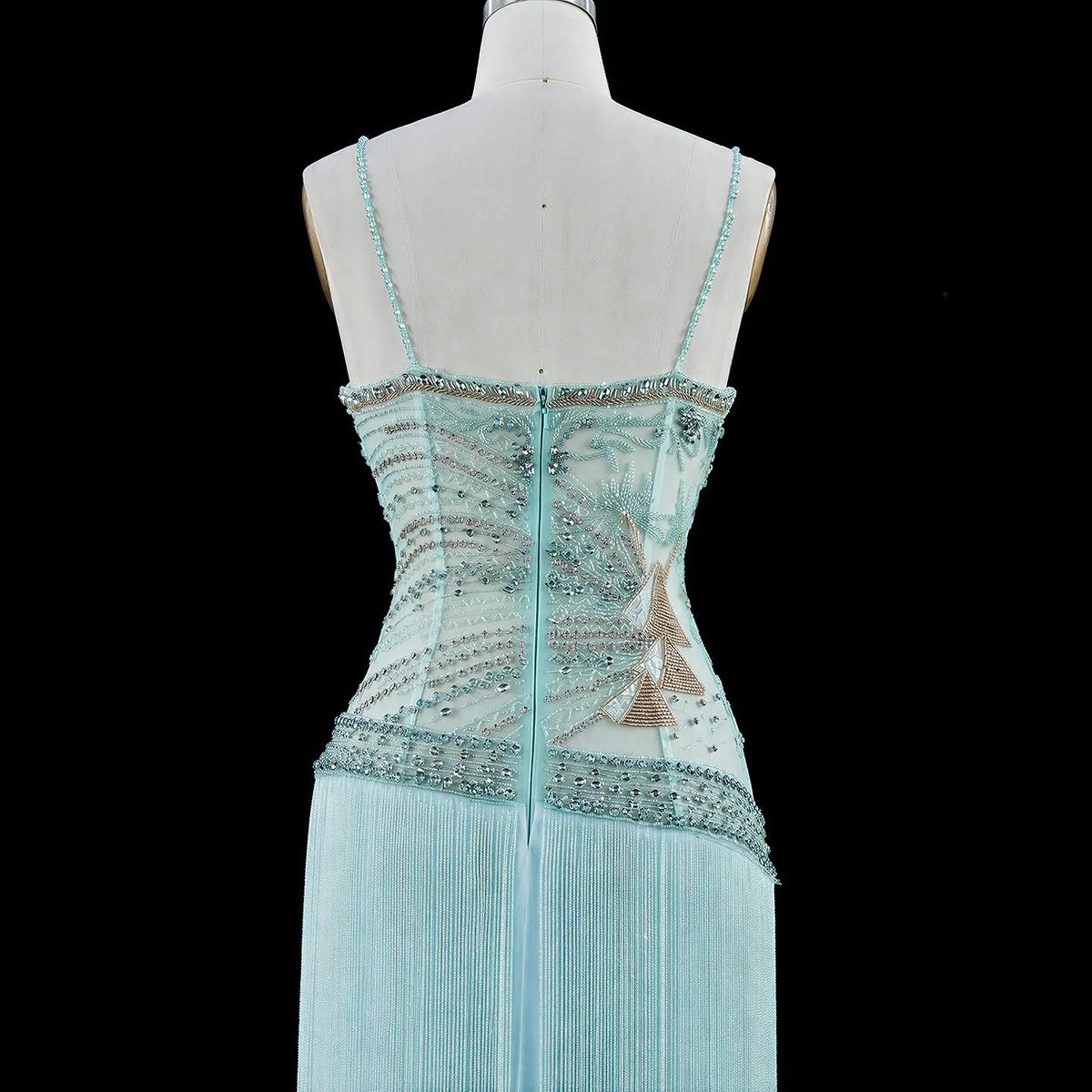 Aqua Beaded Corset Fringe Prom Formal Evening Dress SS202