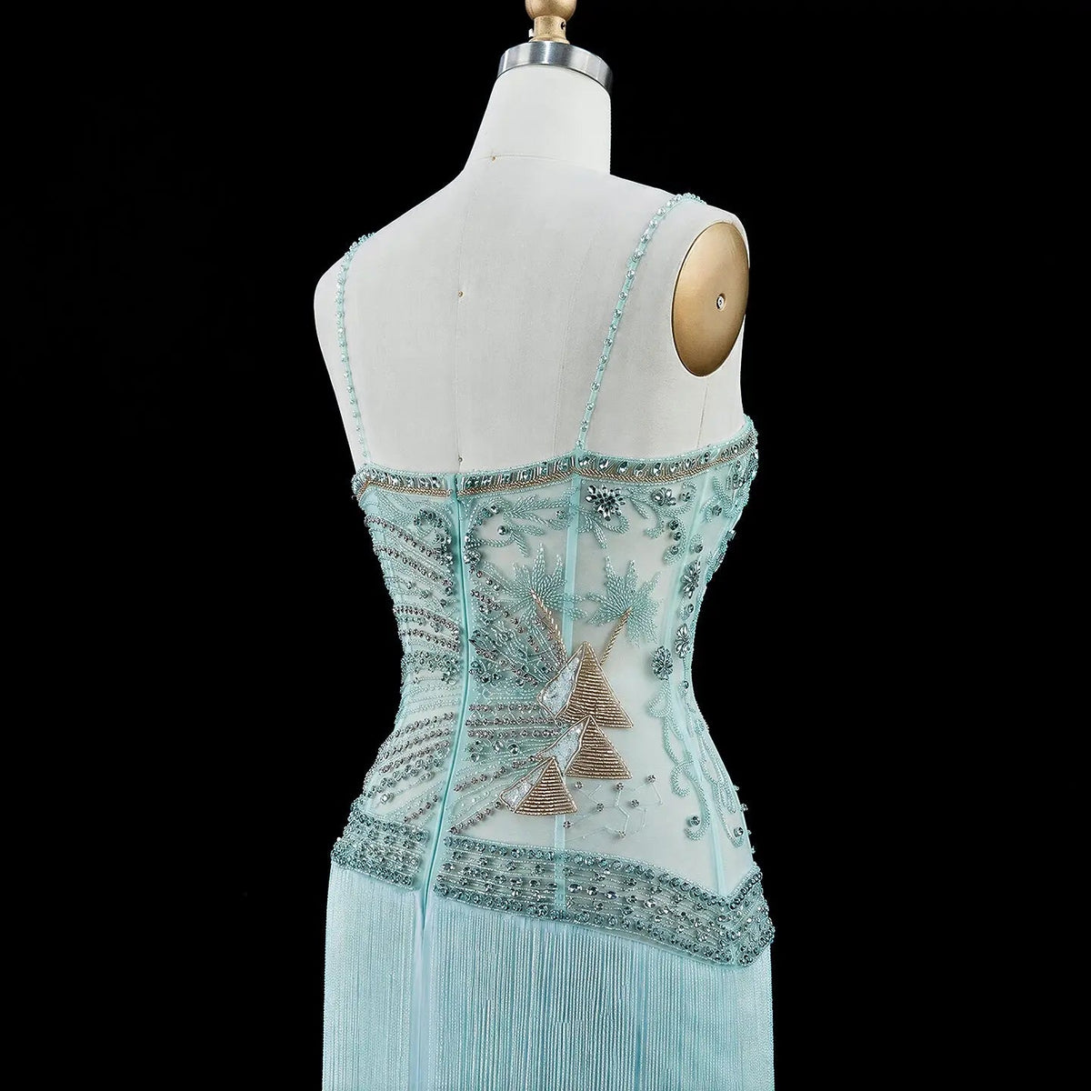 Aqua Beaded Corset Fringe Prom Formal Evening Dress SS202