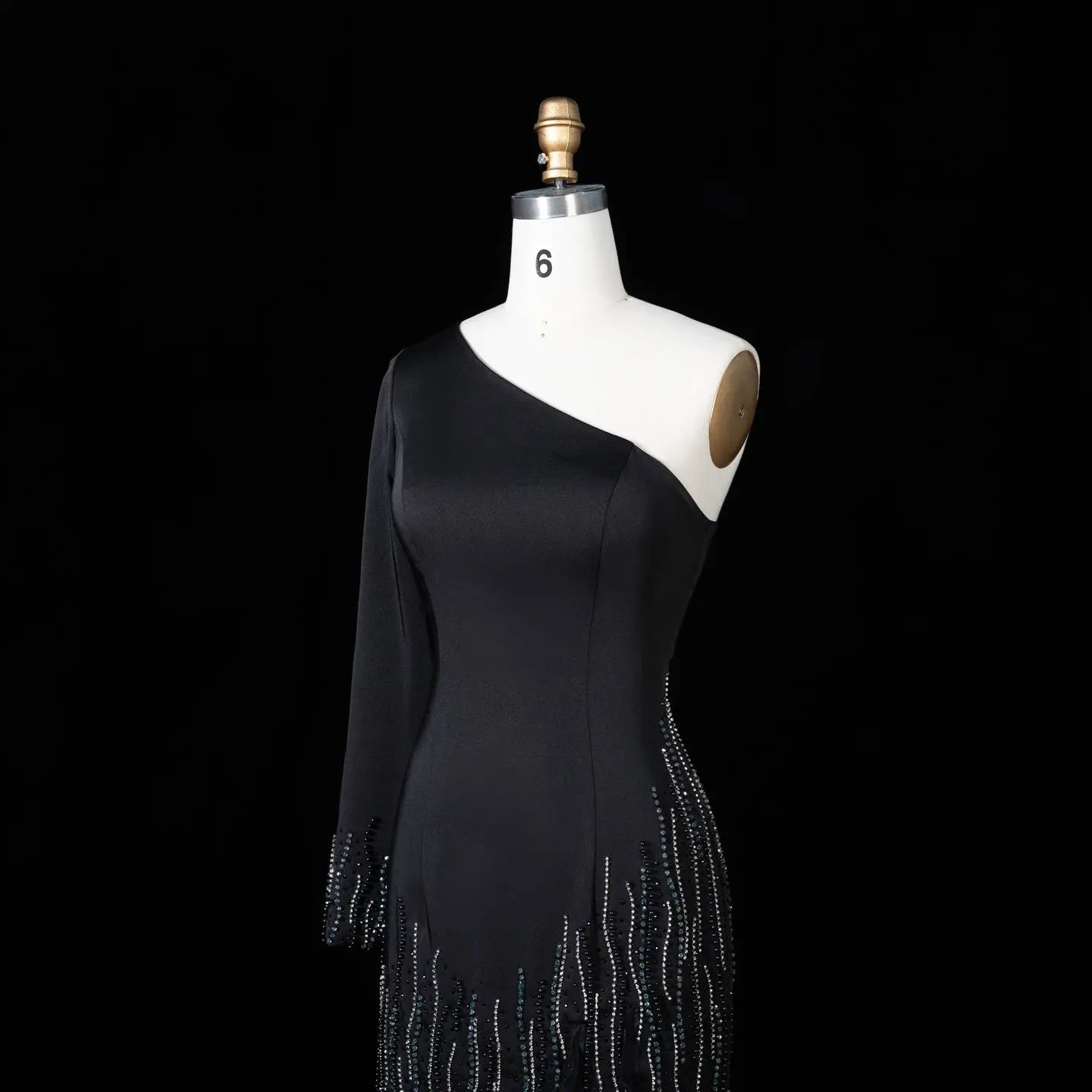 Black One Shoulder Beaded Fringe Ruffle Mermaid Evening Gown SS596