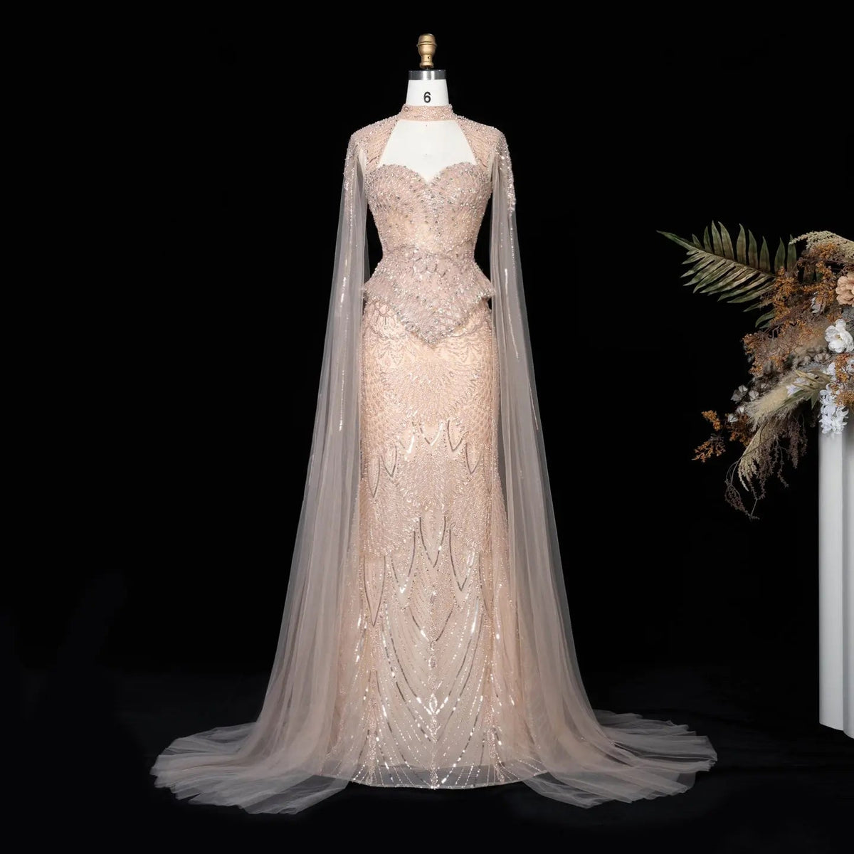 Champagne Beaded Sequined Mermaid Evening Gown With Cape SS018 - Champagne