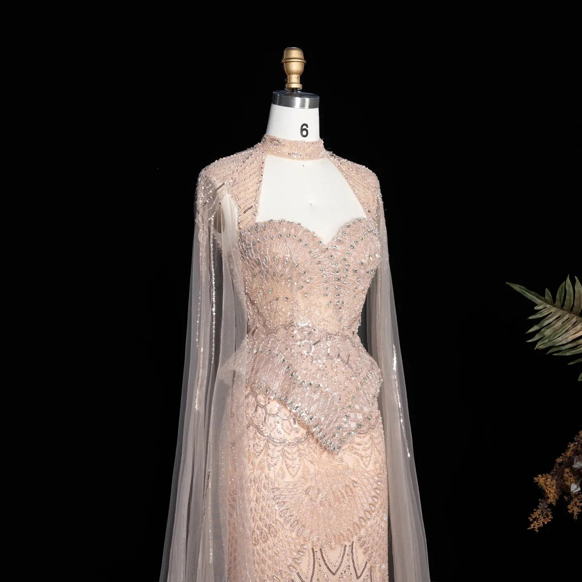 Champagne Beaded Sequined Mermaid Evening Gown With Cape SS018 - Champagne