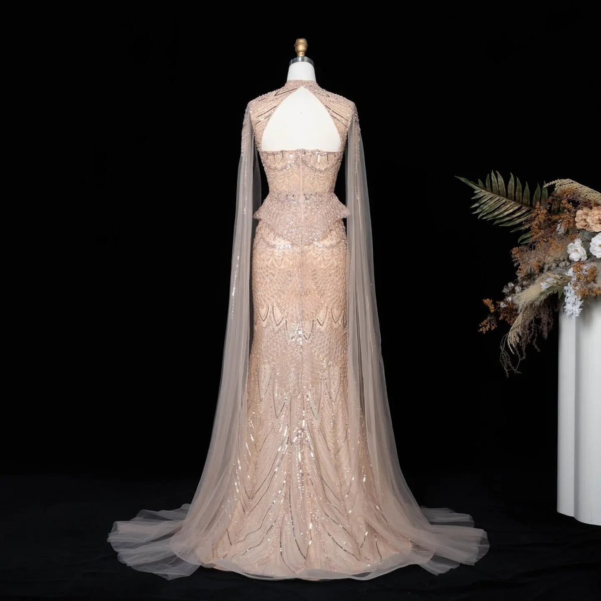 Champagne Beaded Sequined Mermaid Evening Gown With Cape SS018 - Champagne