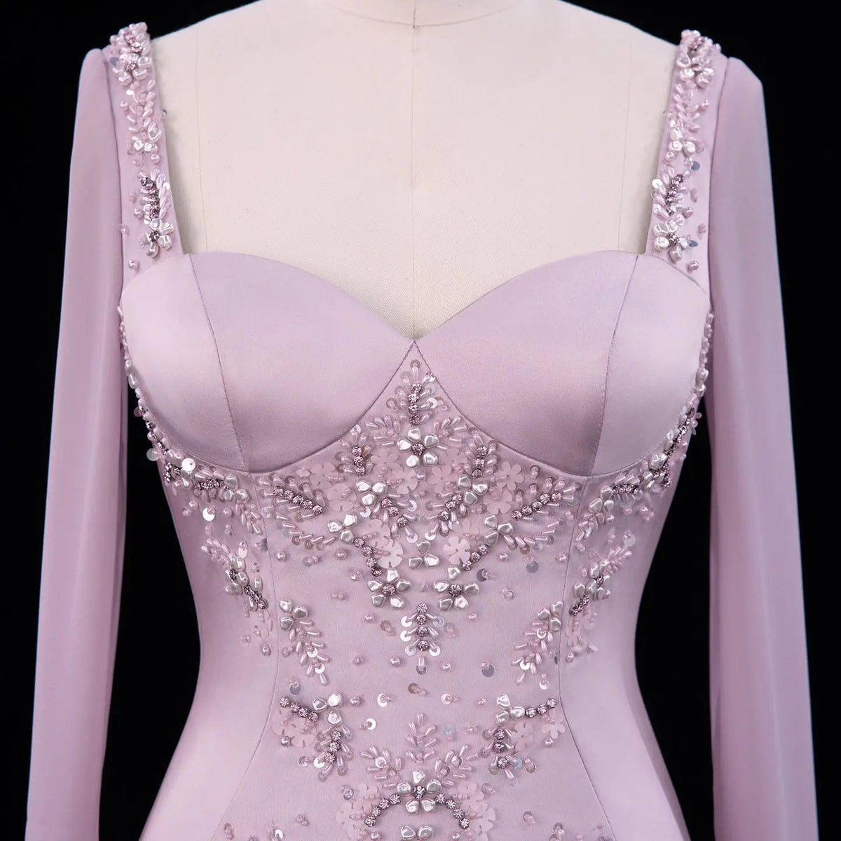 Pink Long Bell Sleeve Beaded Mermaid Evening Dress SS211