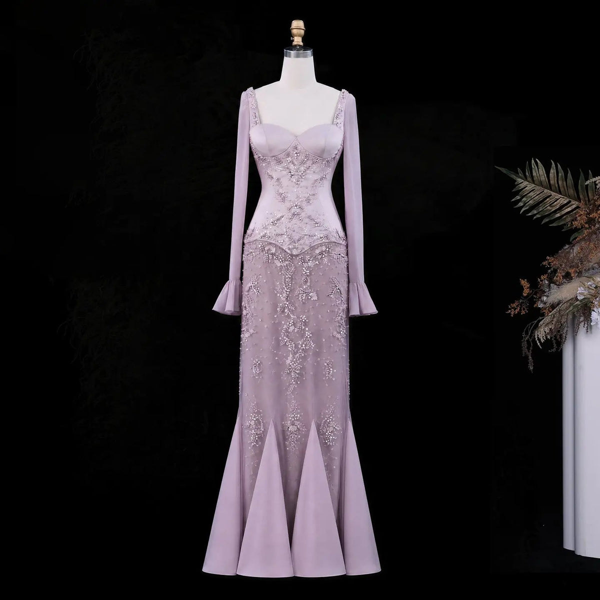 Pink Long Bell Sleeve Beaded Mermaid Evening Dress SS211