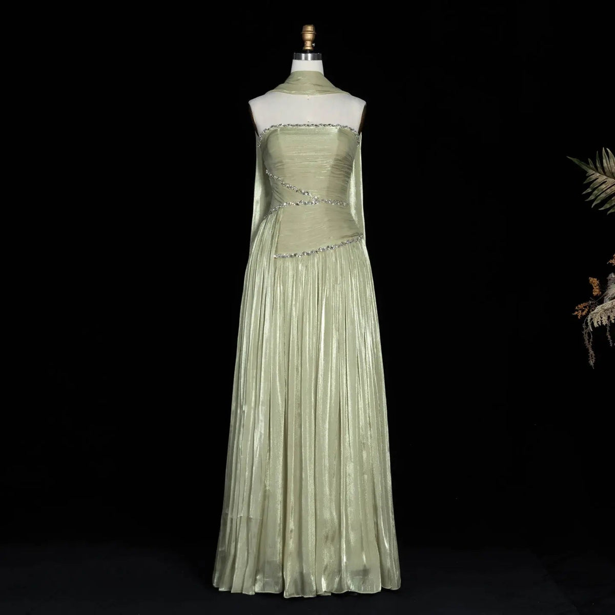 Green Pleated Drape Cape Formal Evening Maxi Dress SF189