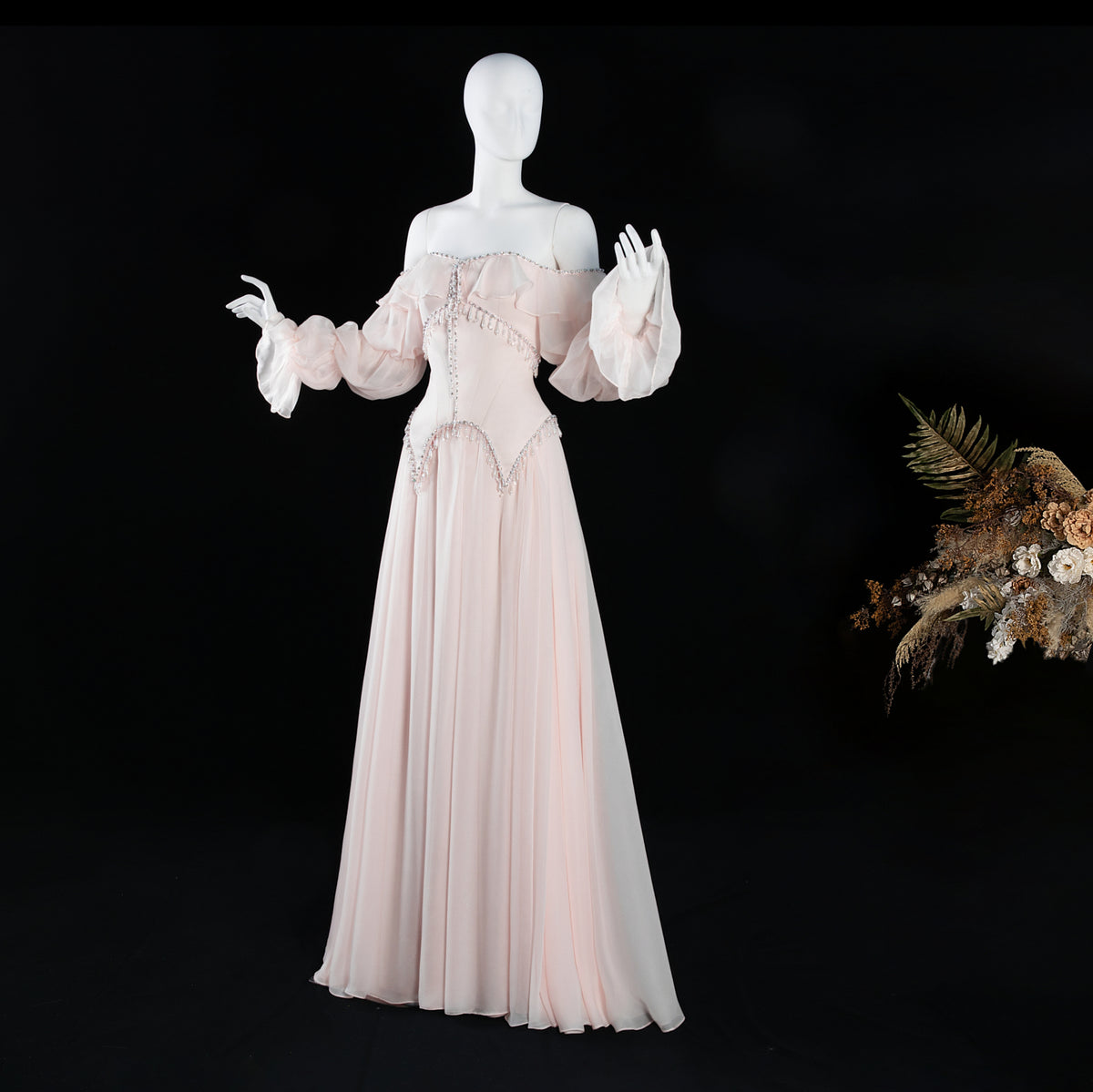 Elegant Pearl Pink Off Shoulder Chiffon Evening Dress SS412