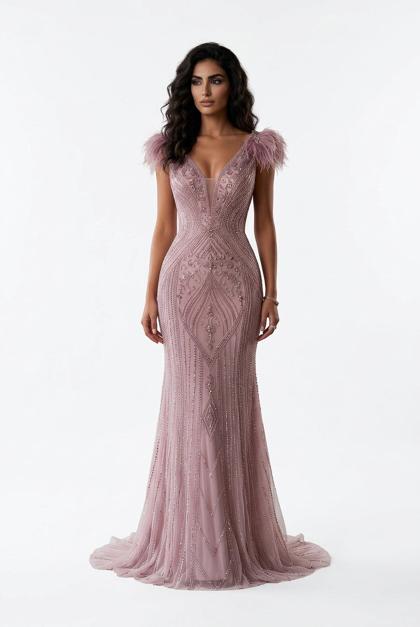 Luxury Pink V-Neck Feather Trim Beaded Mermaid Evening Dress SS122