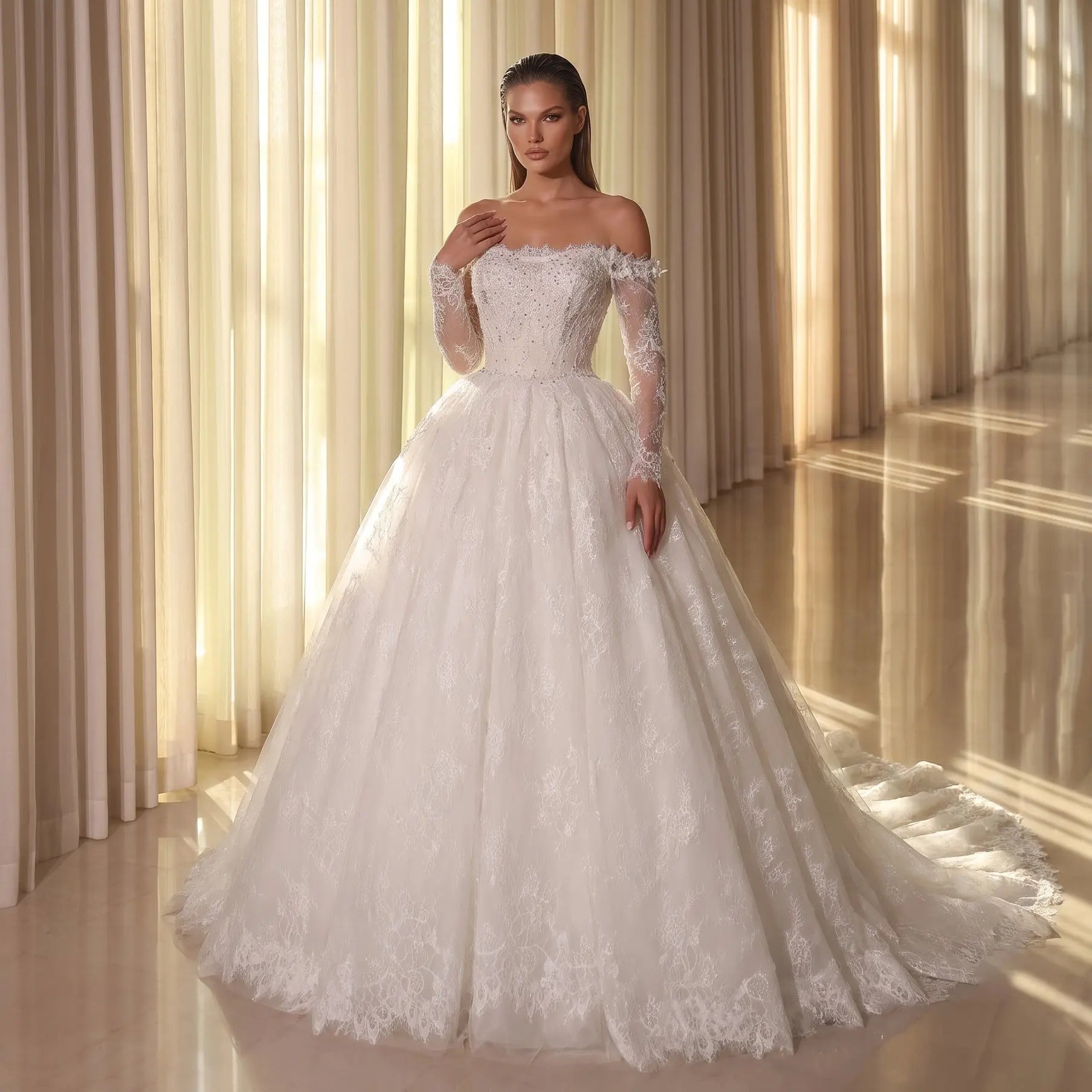 White Lace and Tulle Ball Gown Wedding Dress Off the Shoulder Beaded Bridal Dress SW679 - White