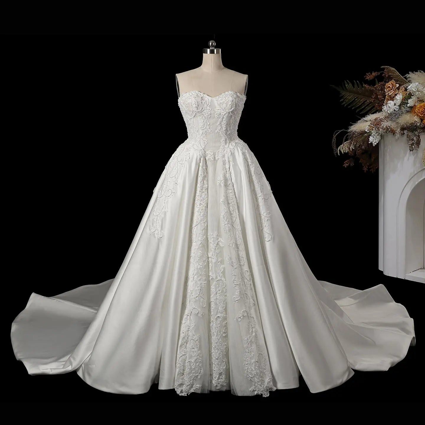 White Satin Strapless Wedding Dress Lace Appliques Sweetheart Neckline Ball Gown SW743 - White