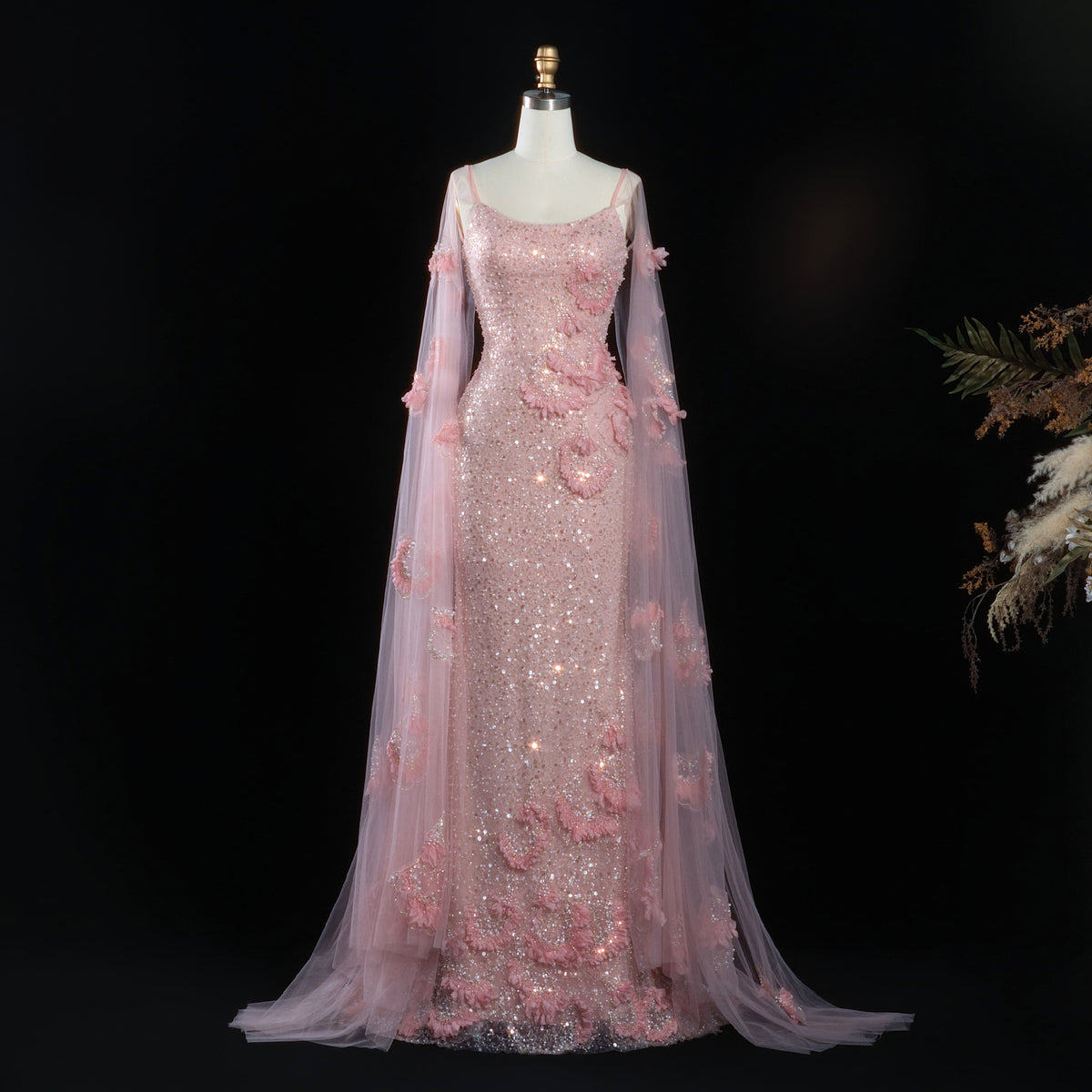 Romantic Pink Spaghetti Strap 3D Floral Cape Sleeve Evening Dress SS472
