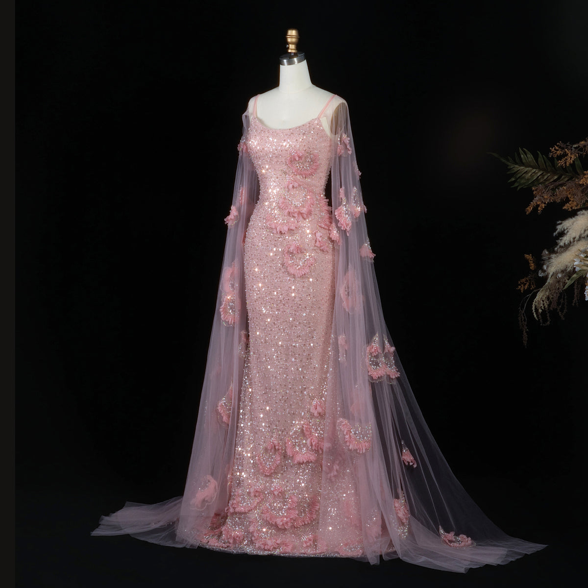 Romantic Pink Spaghetti Strap 3D Floral Cape Sleeve Evening Dress SS472
