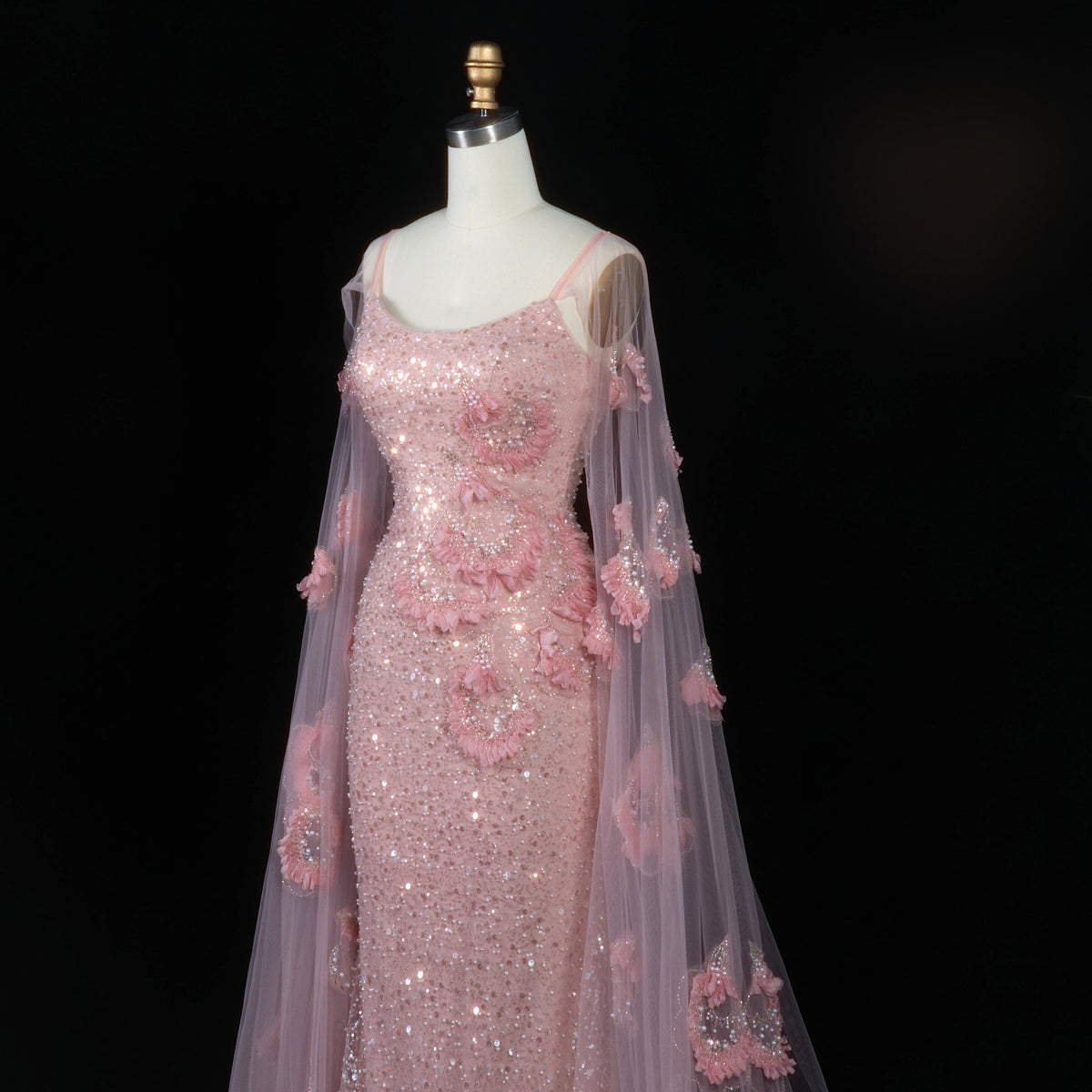 Romantic Pink Spaghetti Strap 3D Floral Cape Sleeve Evening Dress SS472