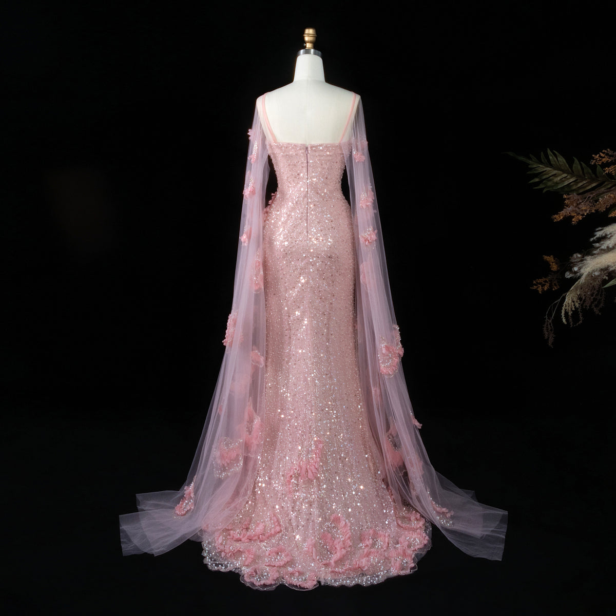Romantic Pink Spaghetti Strap 3D Floral Cape Sleeve Evening Dress SS472