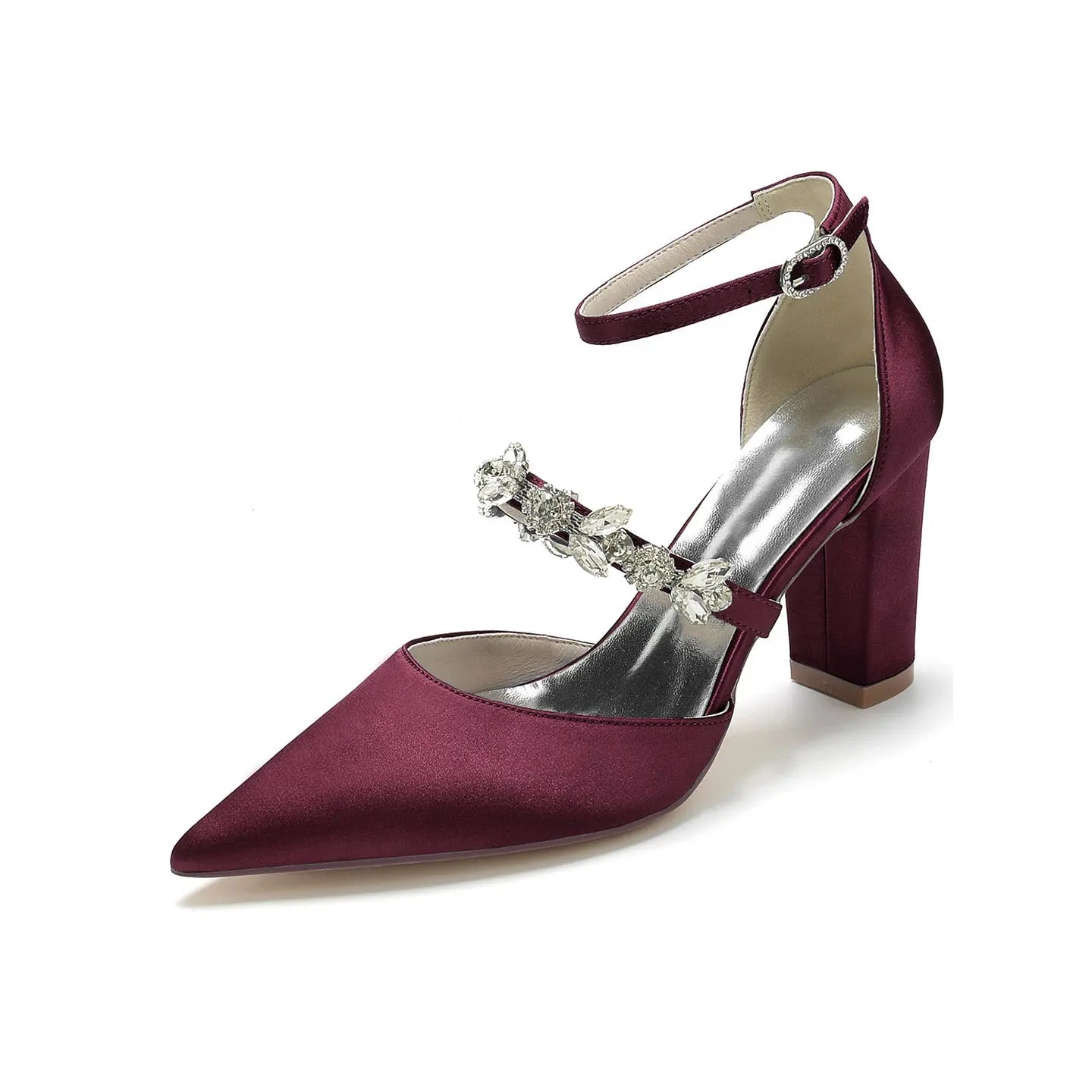 Pointed-Toe Block-Heel Pumps with Ankle Strap and Rhinestones HH022