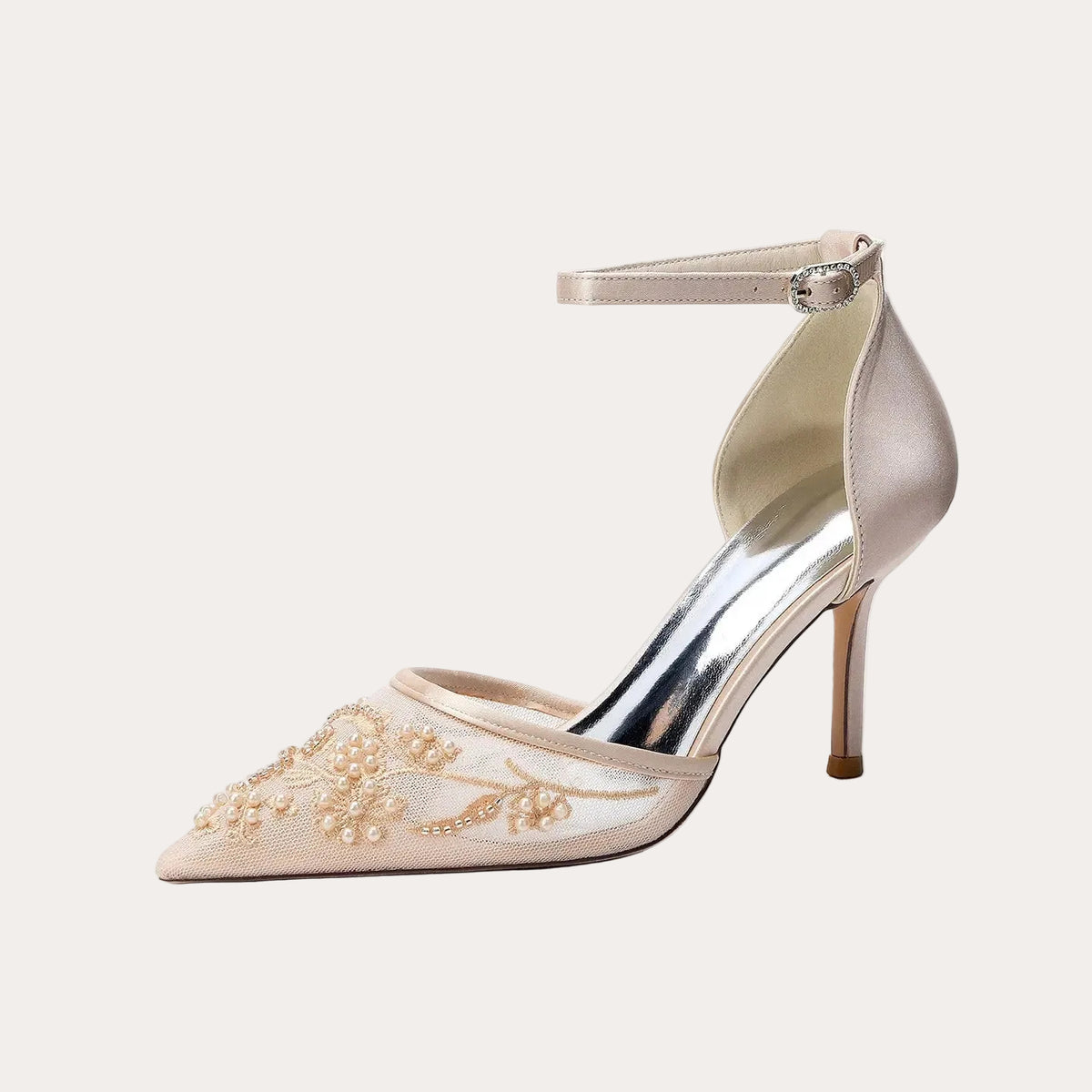Pearl Embellished Mesh Pointed Toe High Heel HH024