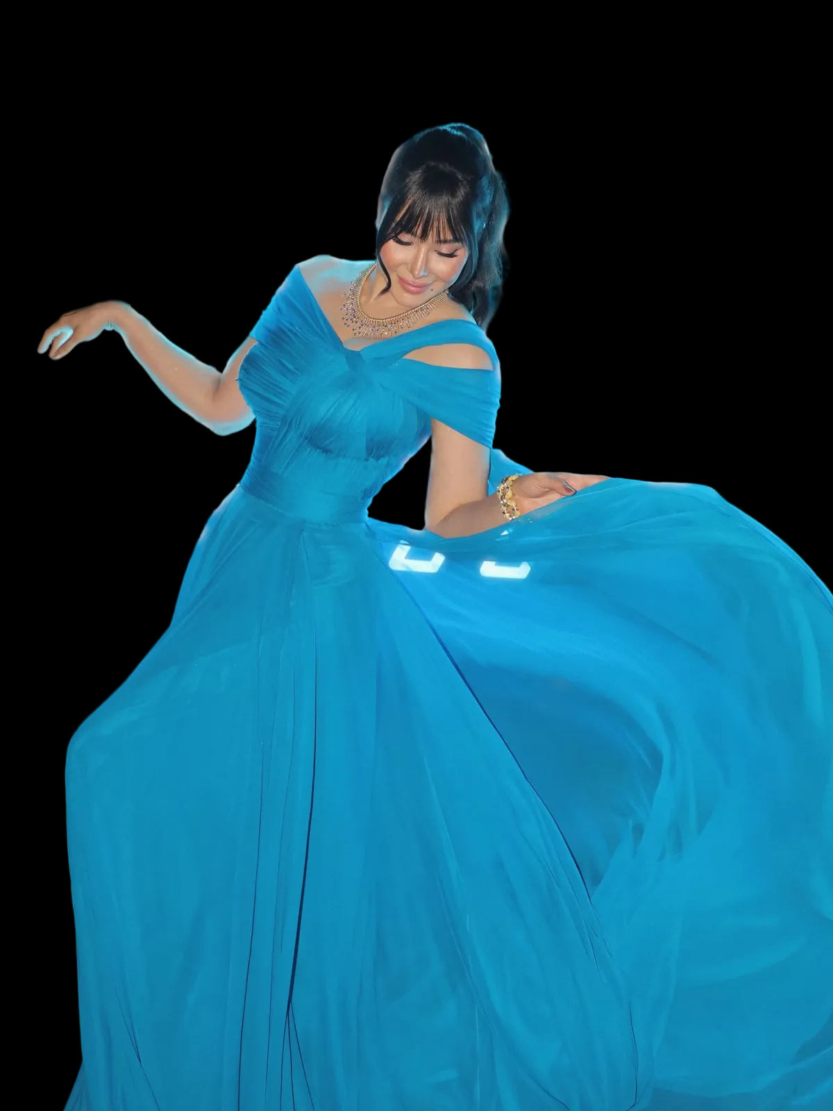 Luxury Blue Cold Shoulder Cross Neck Flowy Cape Evening Dress SF067