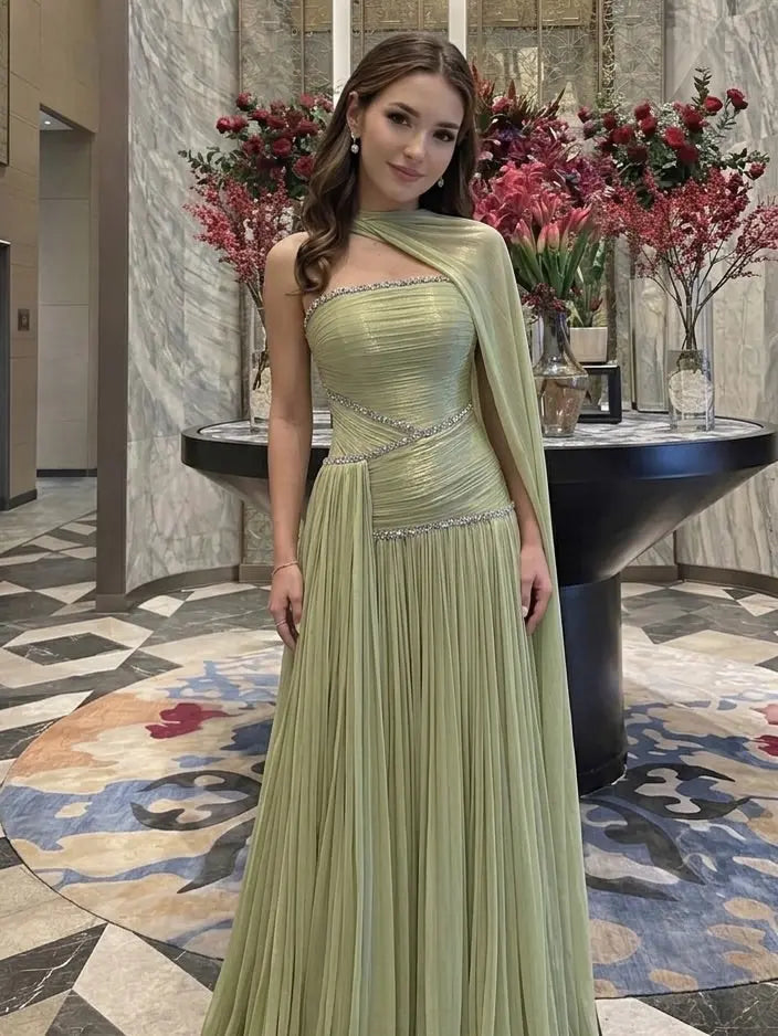 Green Pleated Drape Cape Formal Evening Maxi Dress SF189