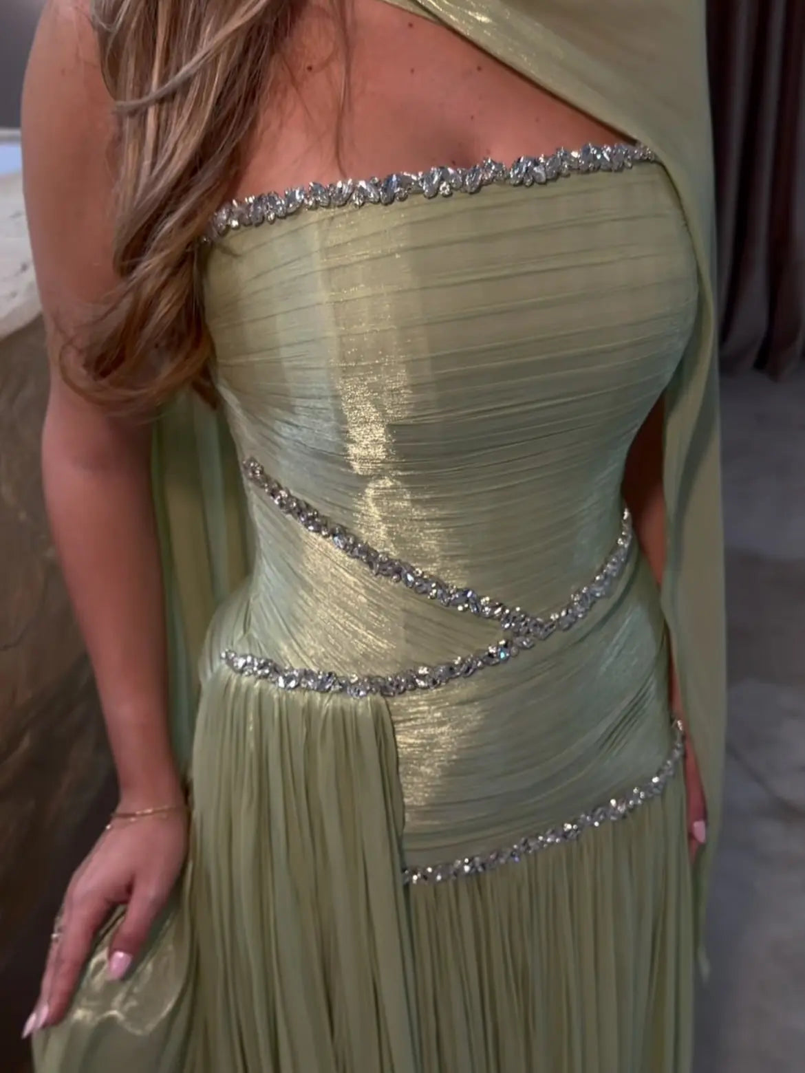 Green Pleated Drape Cape Formal Evening Maxi Dress SF189