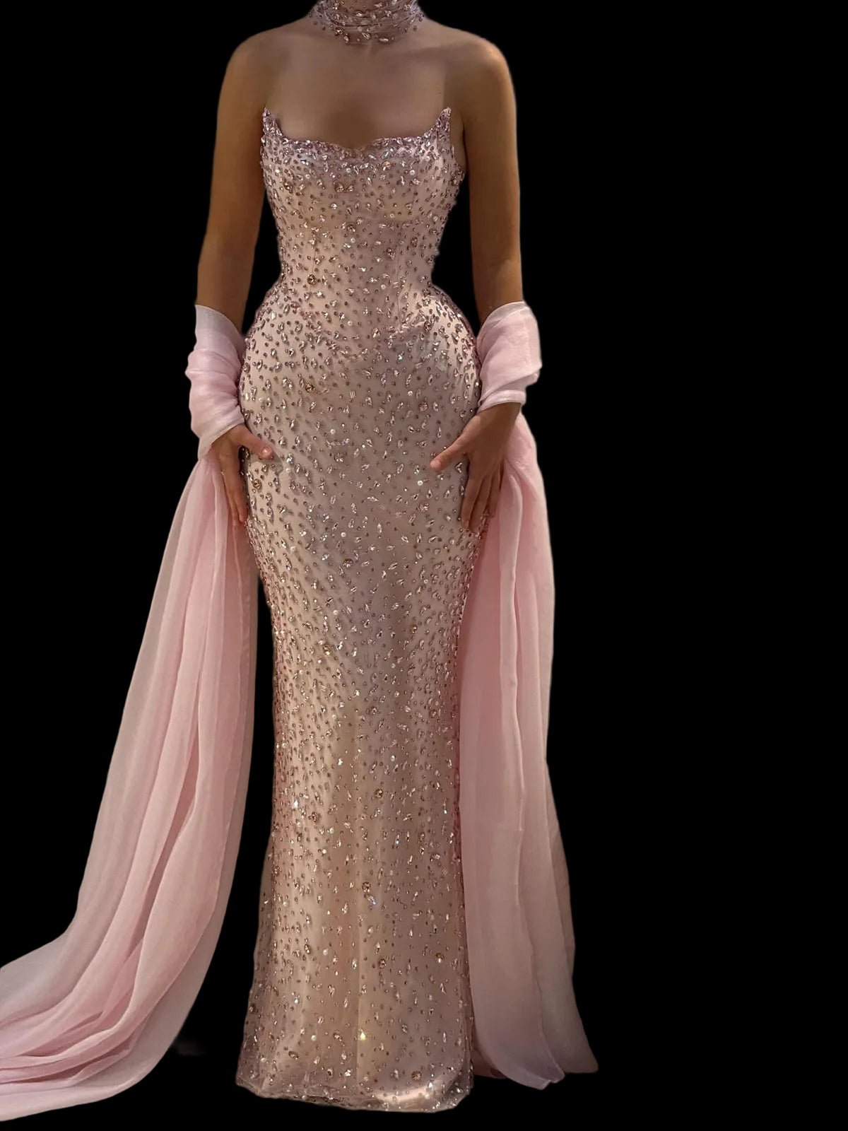 Luxury Pink Strapless Crystal Evening Dress with Cape and Choker SS382