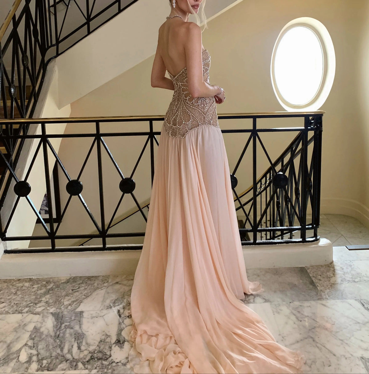 Blush Pink Strapless Corset Beaded Prom Evening Dress SS203