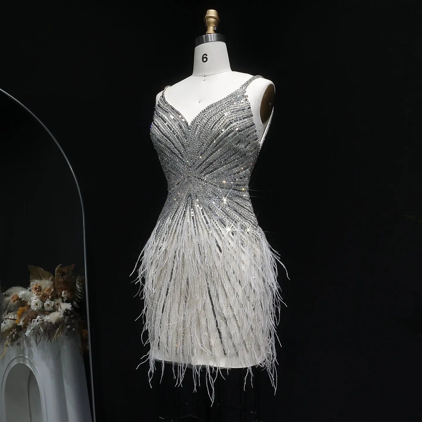 Sparkly Sequin Feather Mini Cocktail Dress Sweetheart Spaghetti Strap Party Dress RM124 - Beige