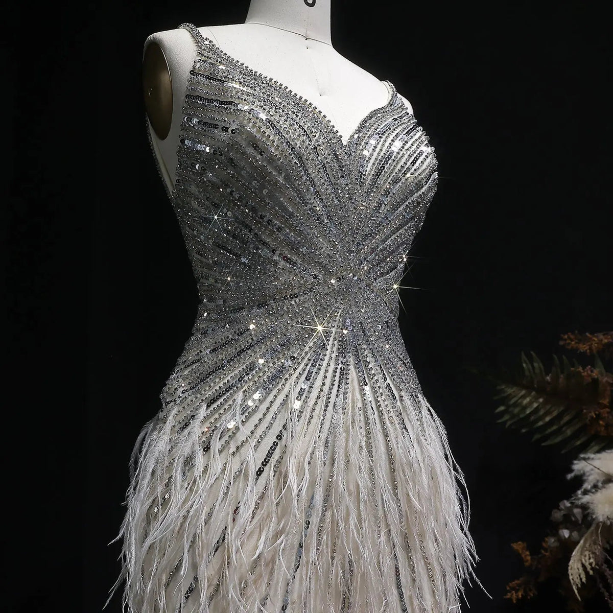Sparkly Sequin Feather Mini Cocktail Dress Sweetheart Spaghetti Strap Party Dress RM124 - Beige