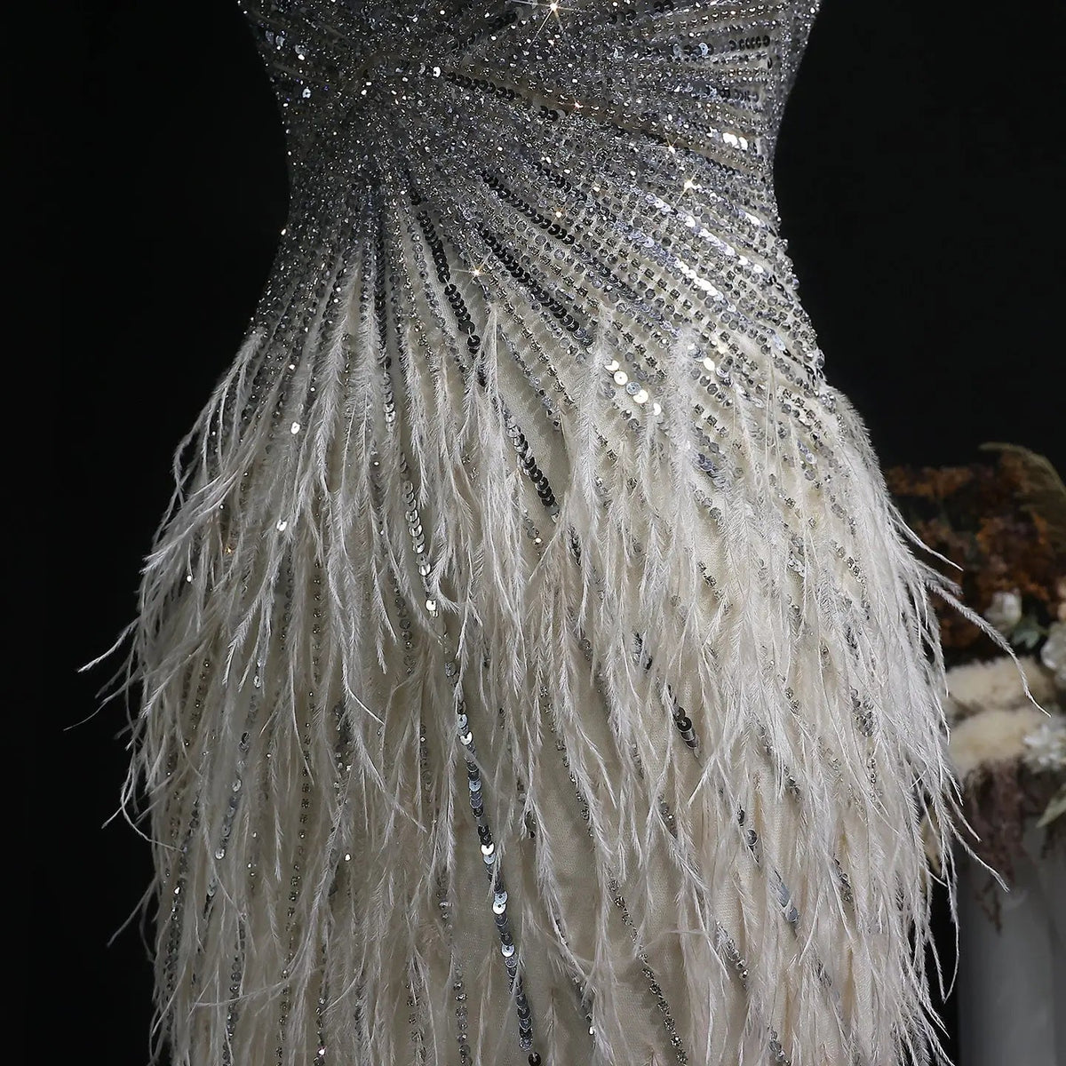 Sparkly Sequin Feather Mini Cocktail Dress Sweetheart Spaghetti Strap Party Dress RM124 - Beige